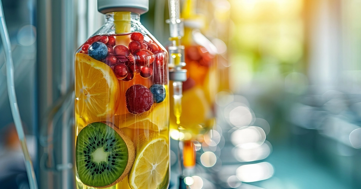 IV drip bottle with orange, kiwi, lemon slices, and whole berries in bright yellow liquid, featuring Medical Grade Vitamins Supplements in Mandeville, LA.